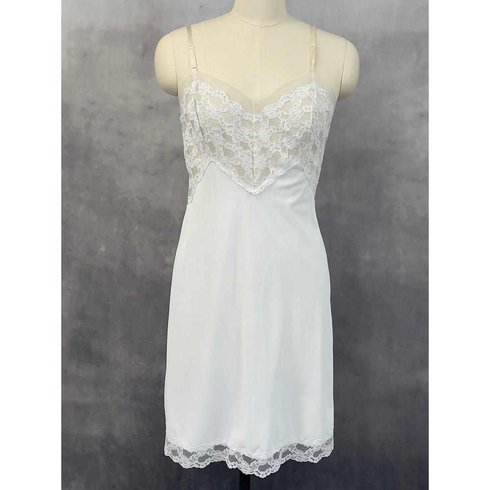 Vintage JCPenney Full Slip Dress Women 36 14 Lace Trim Mini Coquette Balletcore